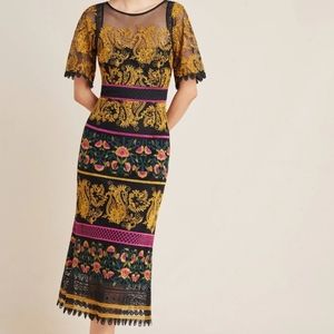 Anthropologie Jacquin Embroidered Boho Black&Gold Floral Midi Dress Size 10 NWOT